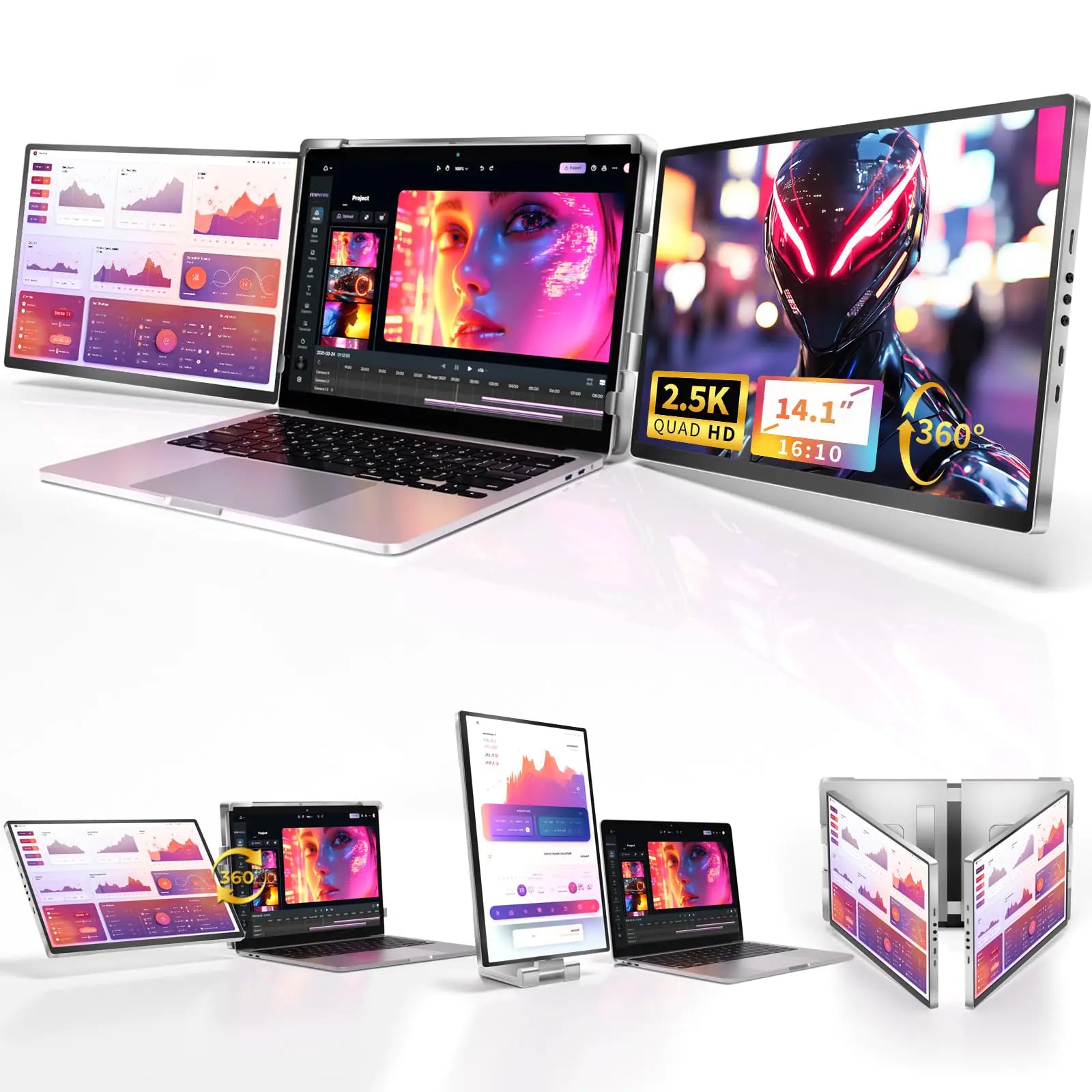 Fzaqwen Triple Screen Laptop Monitor Extender - 2.5K QHD IPS Triple Portable Monitor for Laptop 13.3-17 Inch Plug Play and Compatible with MacOS/Wins/Chrome/Dex (Silver)